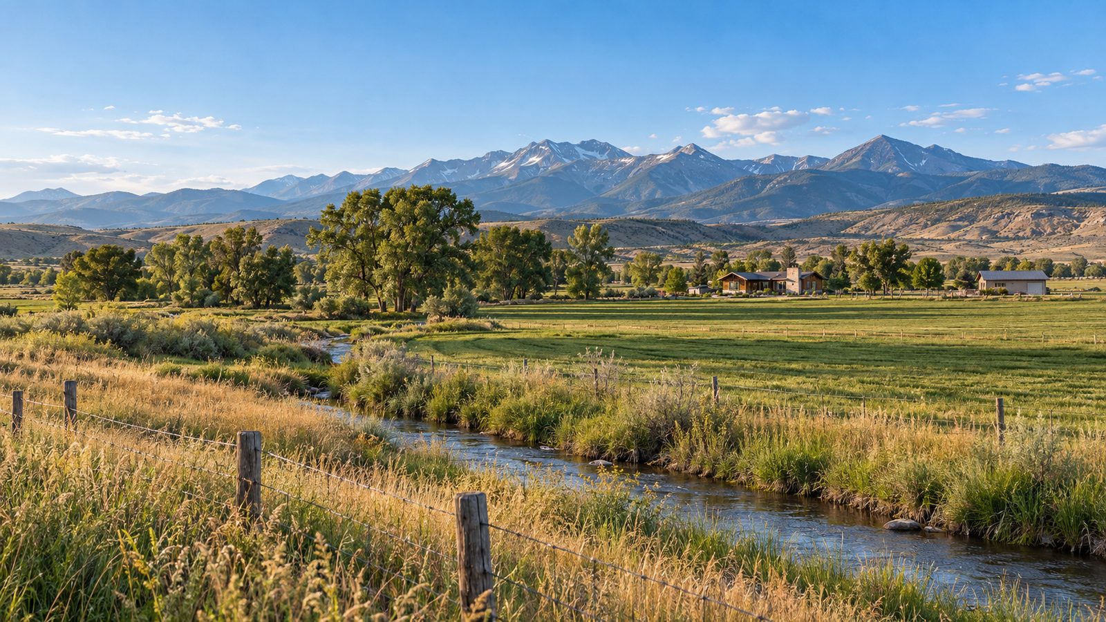 Illustration of a Western Colorado valley with pasture, a stream, cottonwoods and distant mountains