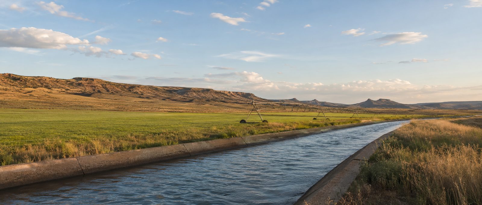 Irrigated Western Colorado valley with a water conveyance and mesa landscape